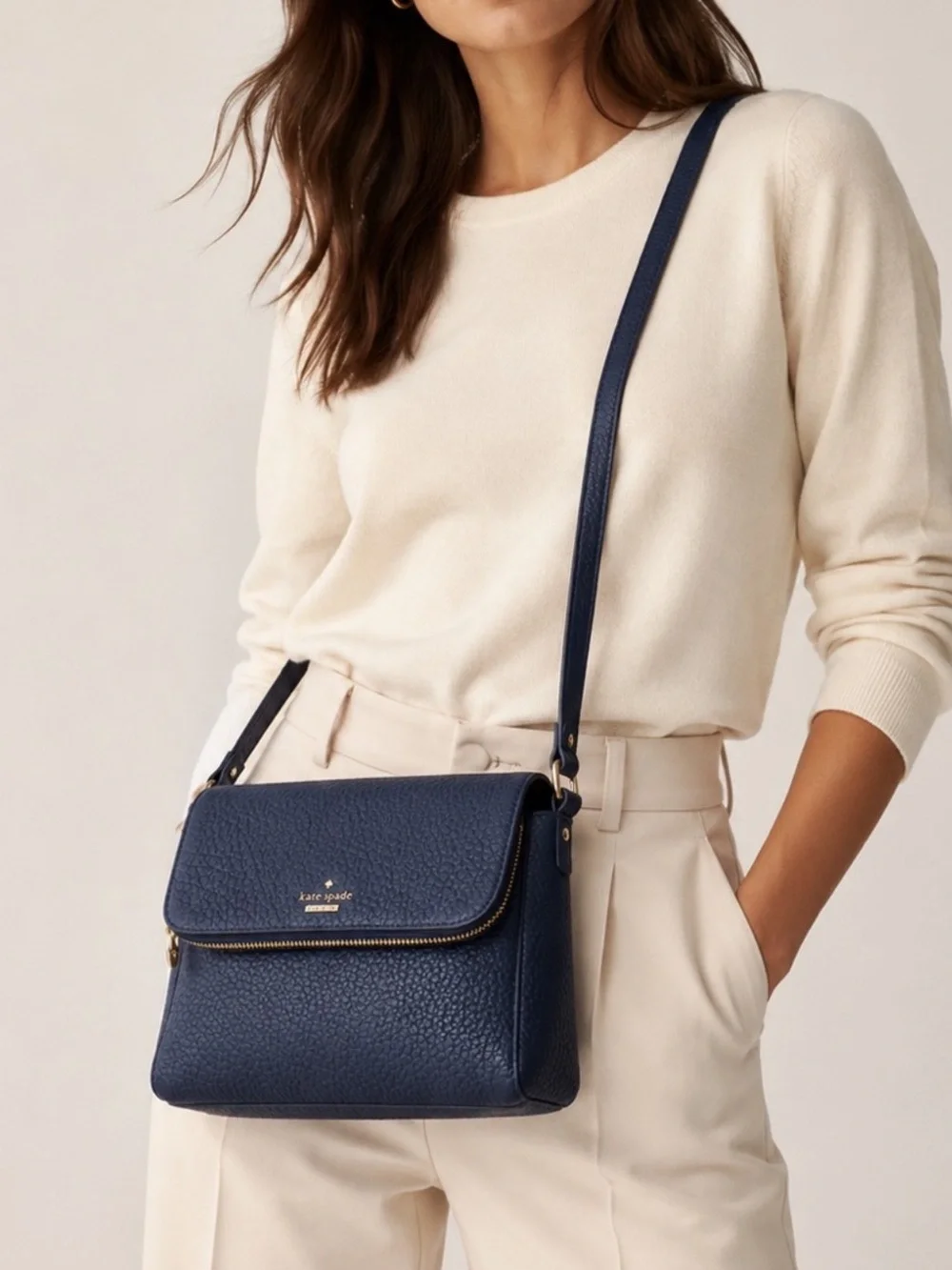 kate spade Navy Pebbled Leather Crossbody with Gold Hardware - Picture 1 of 9